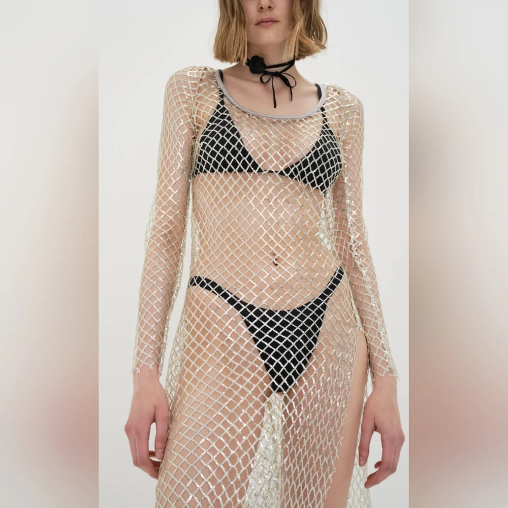 For Love & Lemons Iridescent Silver Mesh Backless Cover-Up - Picture 9 of 10